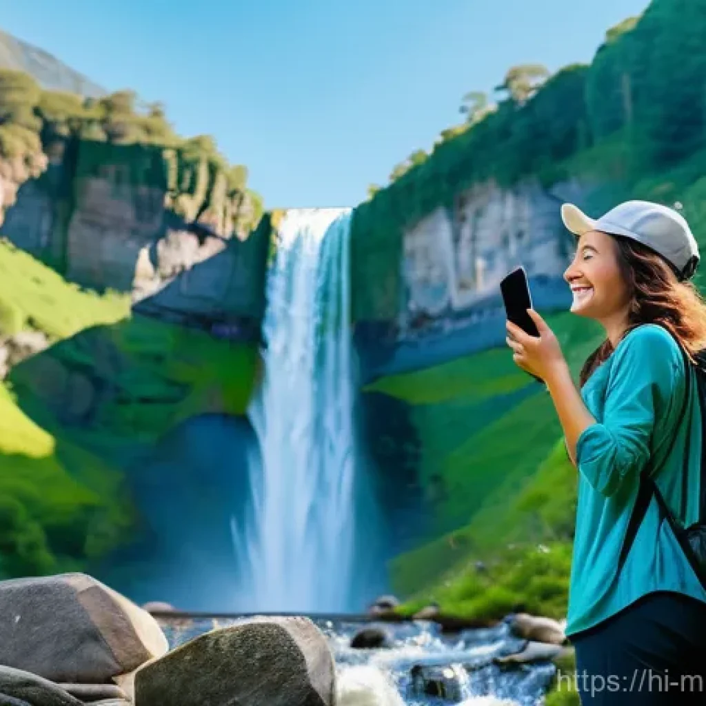 멀티미디어 콘텐츠 기획 사례 - **Prompt:** A female travel blogger, with a radiant and genuine smile, stands amidst a breathtaking ...