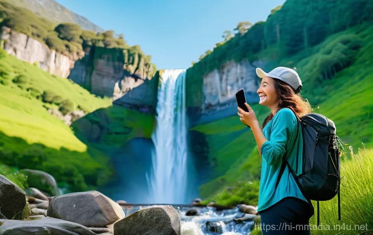 멀티미디어 콘텐츠 기획 사례 - **Prompt:** A female travel blogger, with a radiant and genuine smile, stands amidst a breathtaking ...