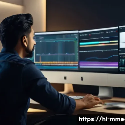 멀티미디어 콘텐츠 제작의 글로벌 표준 - A professional multimedia content creator working in a modern studio environment, surrounded by mult...
