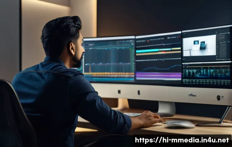 멀티미디어 콘텐츠 제작의 글로벌 표준 - A professional multimedia content creator working in a modern studio environment, surrounded by mult...