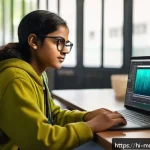 멀티미디어 콘텐츠 제작 실기시험 준비 팁 - A vibrant multimedia classroom scene featuring a young Indian student attentively working on a lapto...