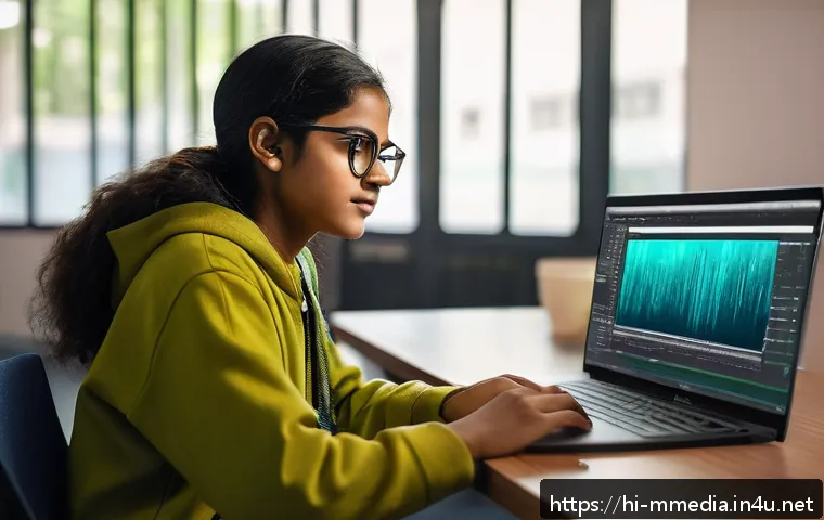 멀티미디어 콘텐츠 제작 실기시험 준비 팁 - A vibrant multimedia classroom scene featuring a young Indian student attentively working on a lapto...