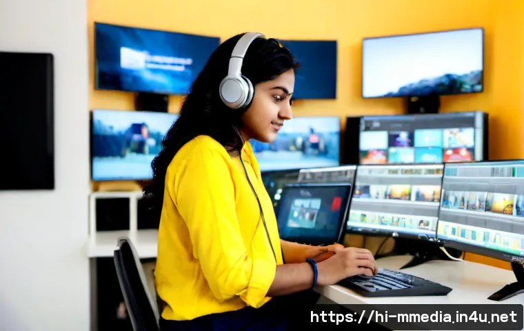 Home 17 멀티미디어 콘텐츠 제작과 클라우드 기술 활용 - Photorealistic modern multimedia production studio in India, a Hindi-speaking young adult video edit...