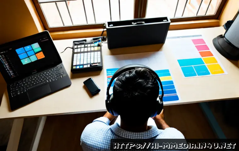 멀티미디어 제작의 효율적인 일정 관리 - Photorealistic overhead view of a focused Indian multimedia producer at a clean home-studio desk, ar...
