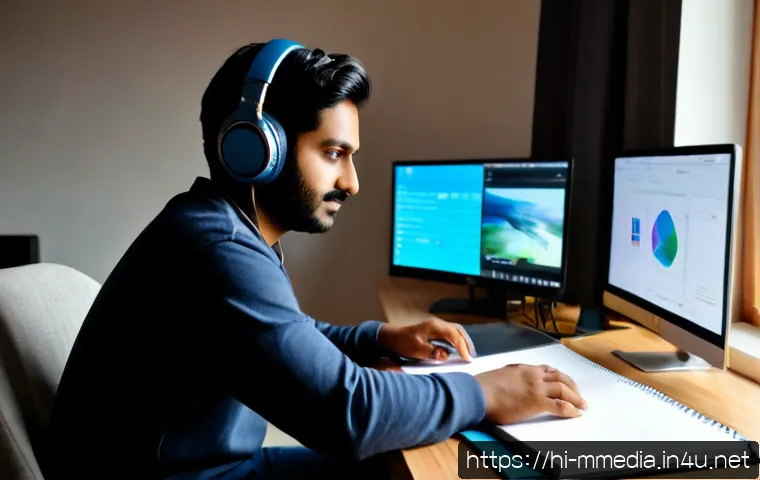 멀티미디어 콘텐츠 제작자의 자기계발 방법 - Photorealistic Indian multimedia creator at a clean home studio desk, wearing casual modest clothing...