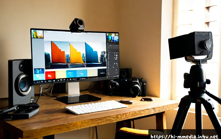 Home 17 멀티미디어 콘텐츠 제작 도구 추천 - Photorealistic modern home studio in India, a Hindi-speaking young creator editing a colorful travel...